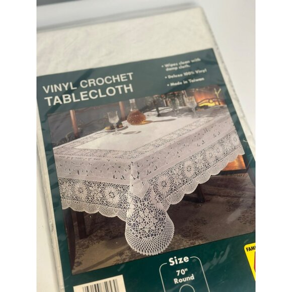 VTG Style White Vinyl Crochet Tablecloth 70" Round Lace Wipe Clean Elegant Decor - Picture 3 of 6